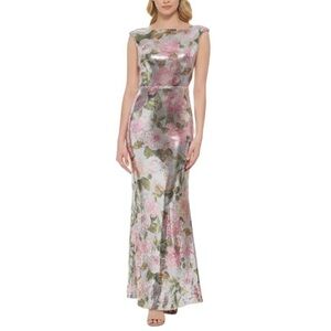 Eliza J Floral Print Sequin Gown in Silver Combo Size 8  NWT